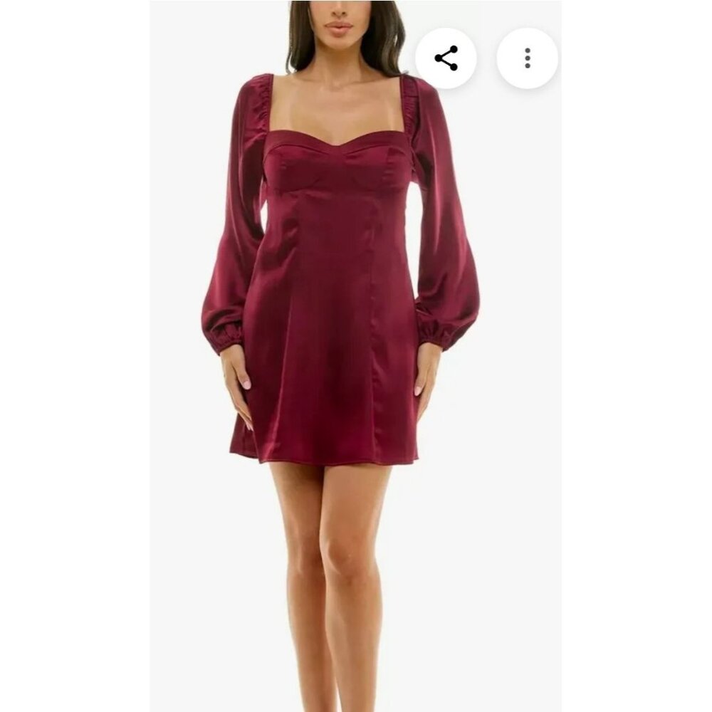 Burgundy Satin Long-Sleeve Mini Dress With Sweetheart Neckline & Smocked Back